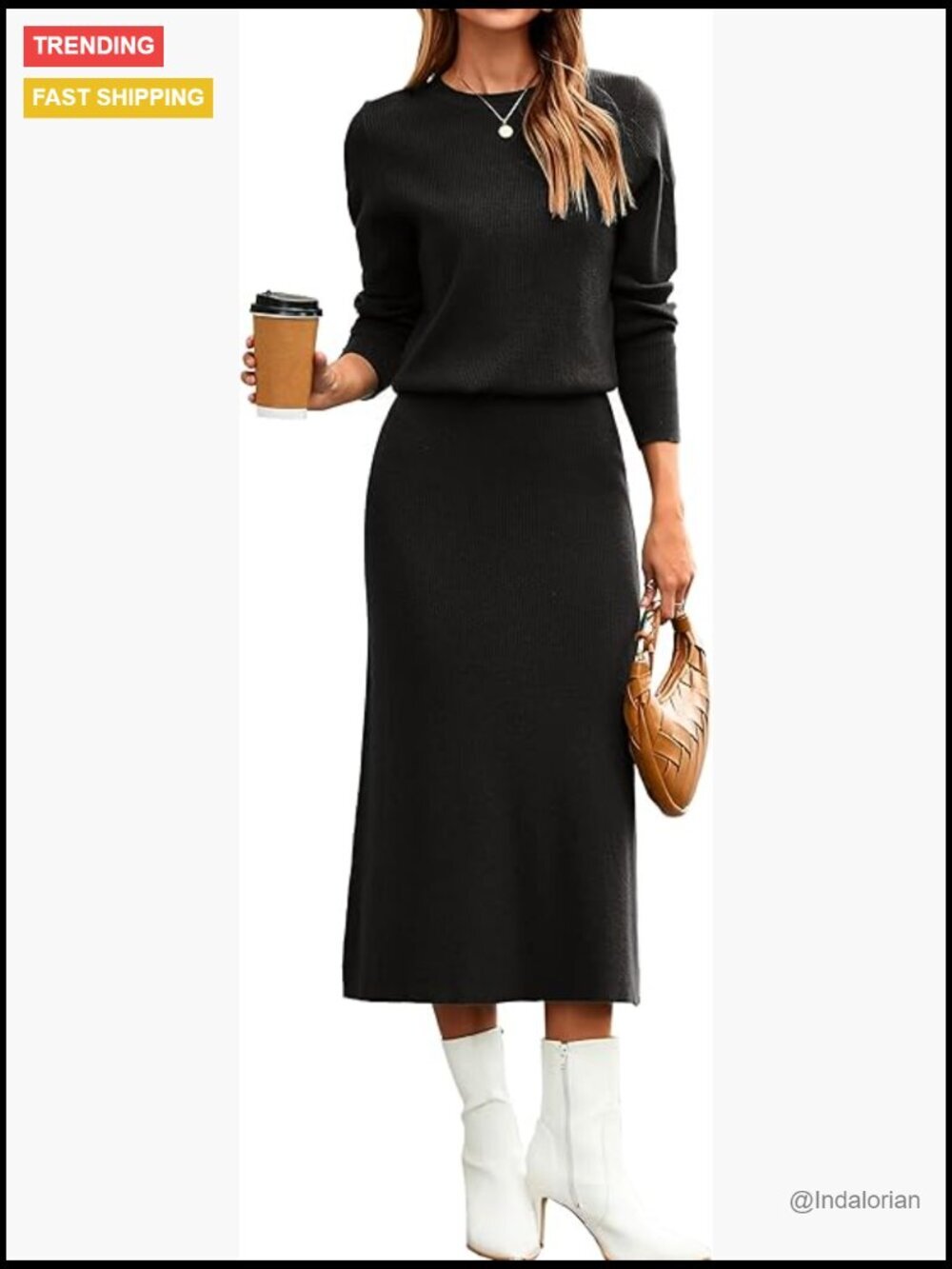 2 Piece Skirt Set - Knit Midi Dress with Long Sleeve Sweater